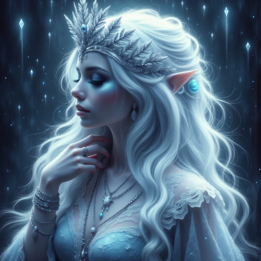 Elegant Ice Elf Queen in Misty Winter Fantasy Art