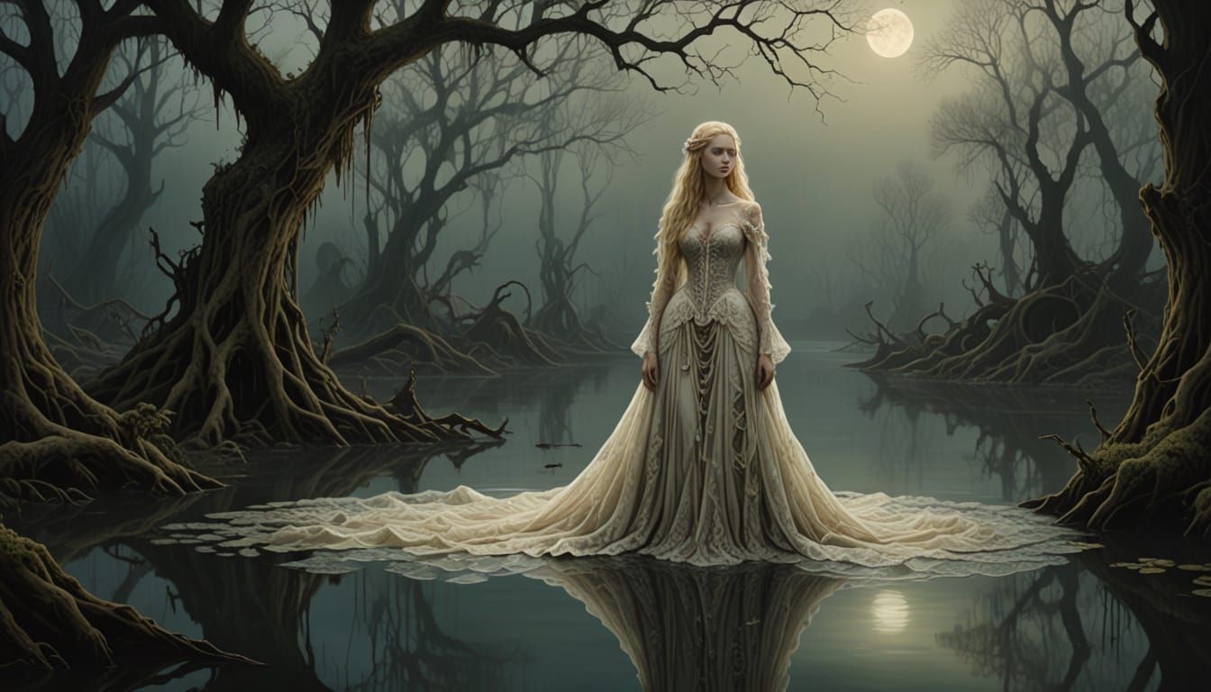 Gothic Goddess Emerging from Moonlit Lake