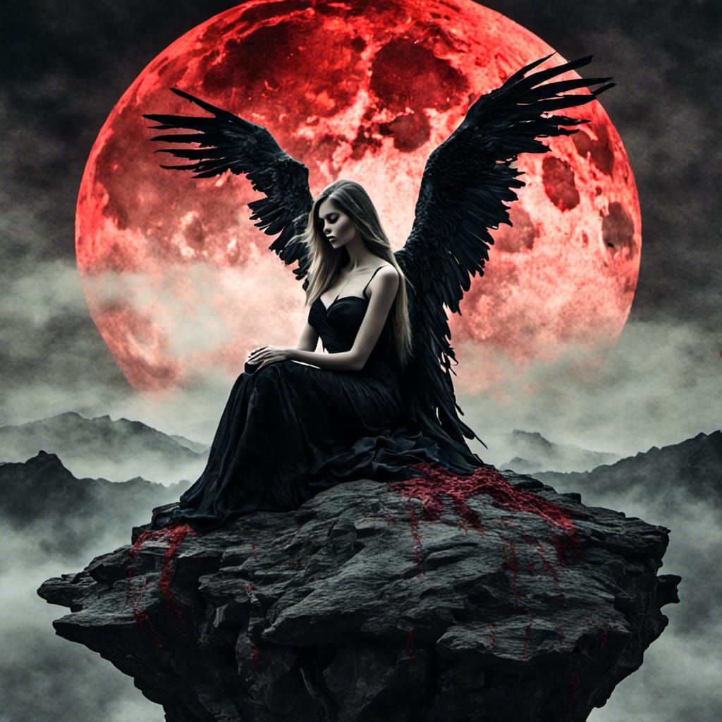 Dark Angel Overlooking Cliff in Antique Watercolor