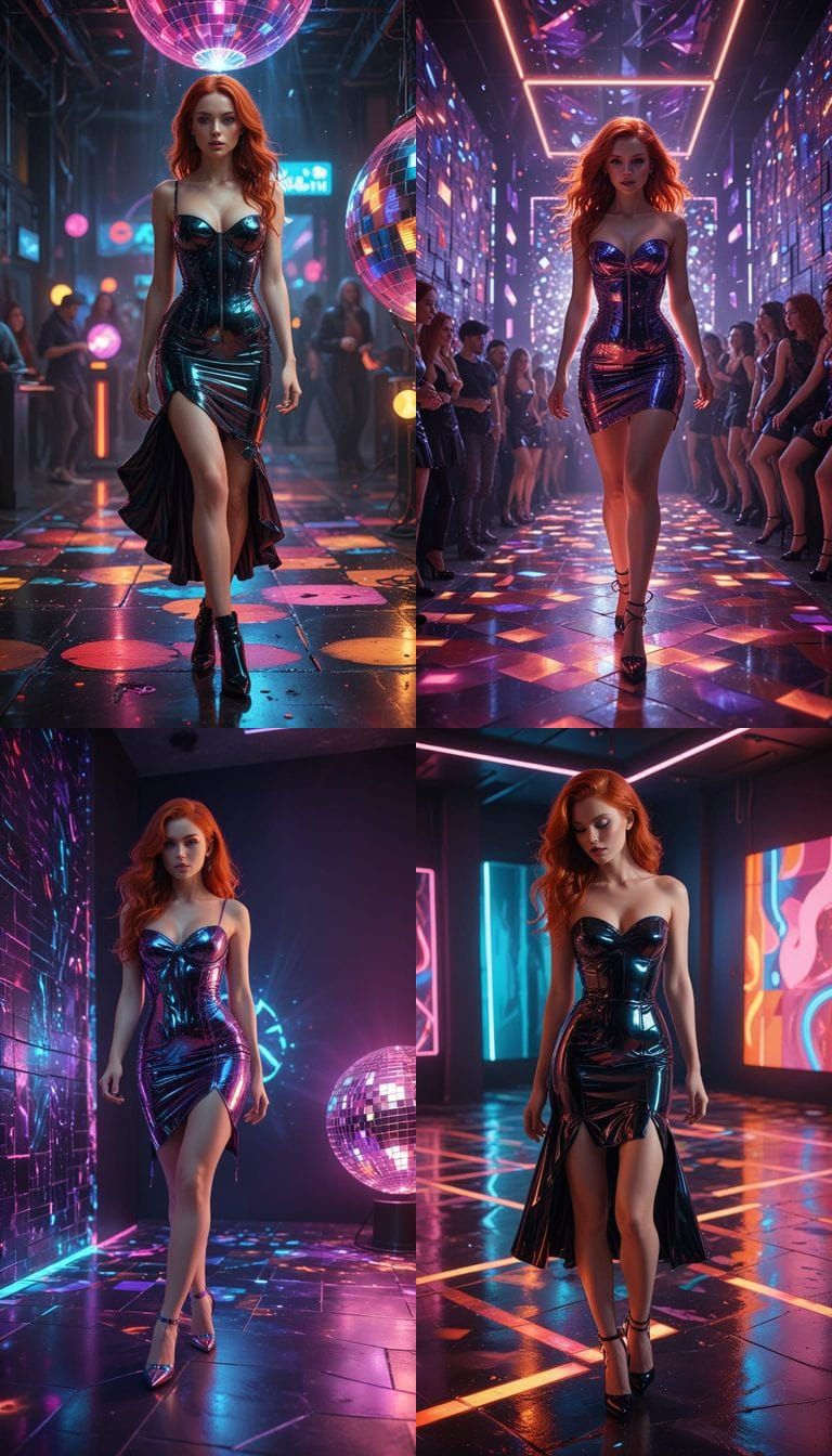 A 25 year old girl with very long, lush red hair, dressed in a tight latex dress and a stylish corset, and stiletto shoe...