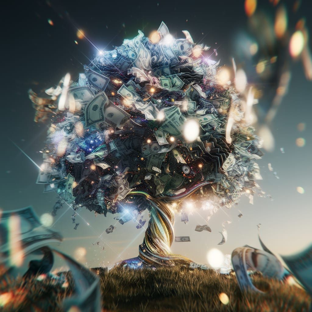 Surreal CGI Scene of a Glittering Money Tree in a Vibrant La...