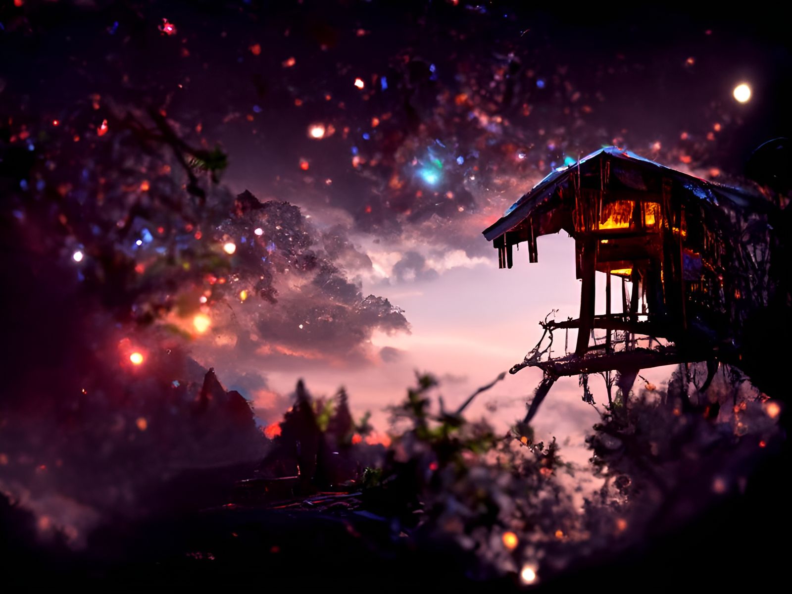 Fantasy Treehouse Under a Swirling Galaxy
