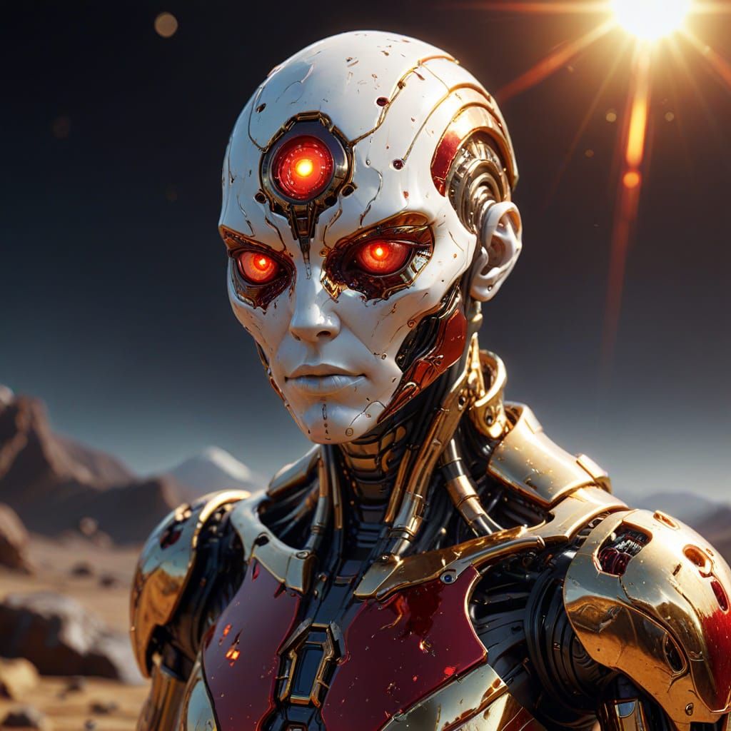 Futuristic 4-Legged Humanoid Standing on Liquid Gold Planet