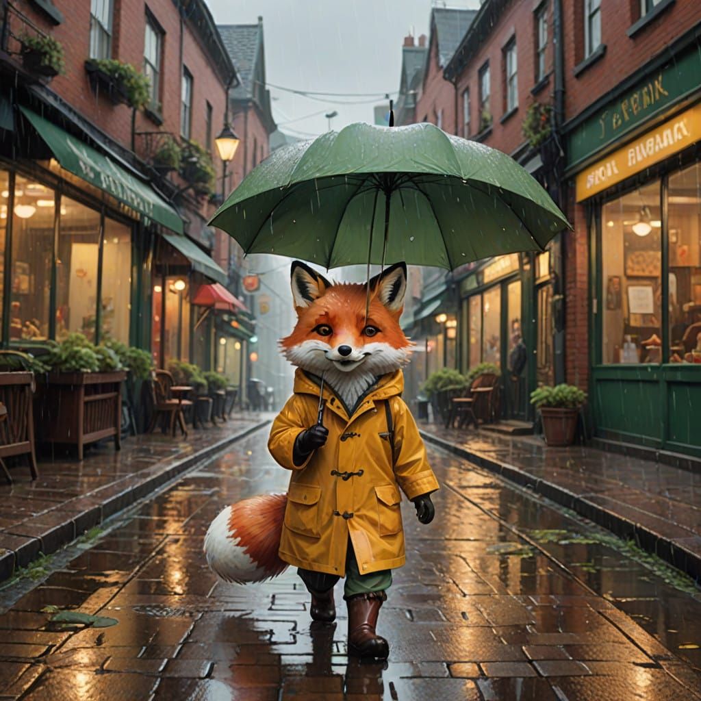 Joyful Red Fox Strolls Through Rainy Cobblestone Street in W...