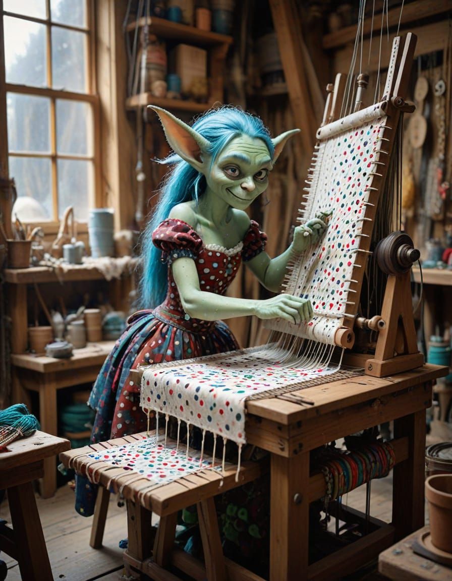 Goblin Seamstress Weaving Polka Dot Fabric