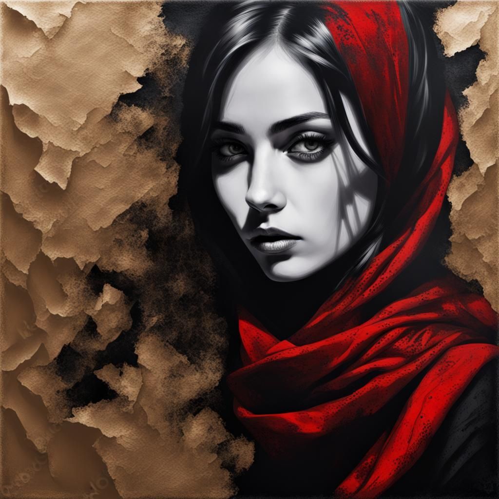 Provocative Girl Portrait with Red Scarf in Stencil Art