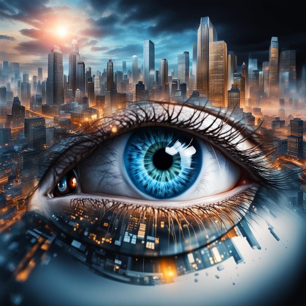 Hyperrealistic Human Eye Reflecting Modern City