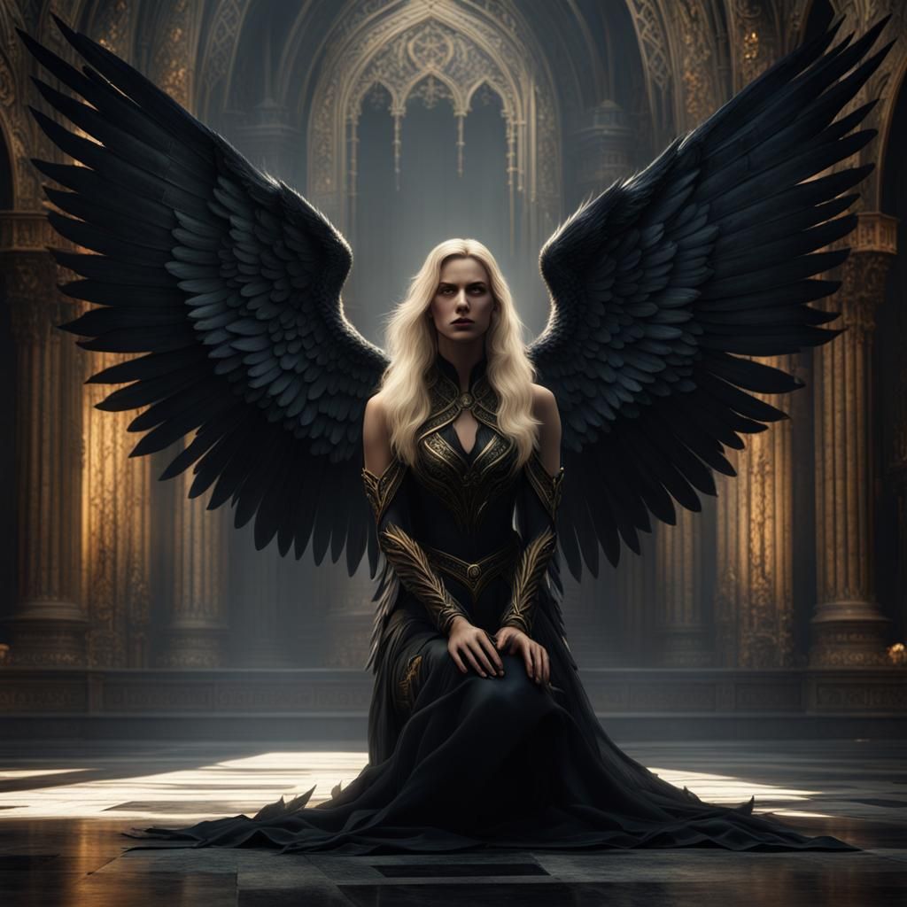 Kneeling Blonde Beauty with Shadow Wings