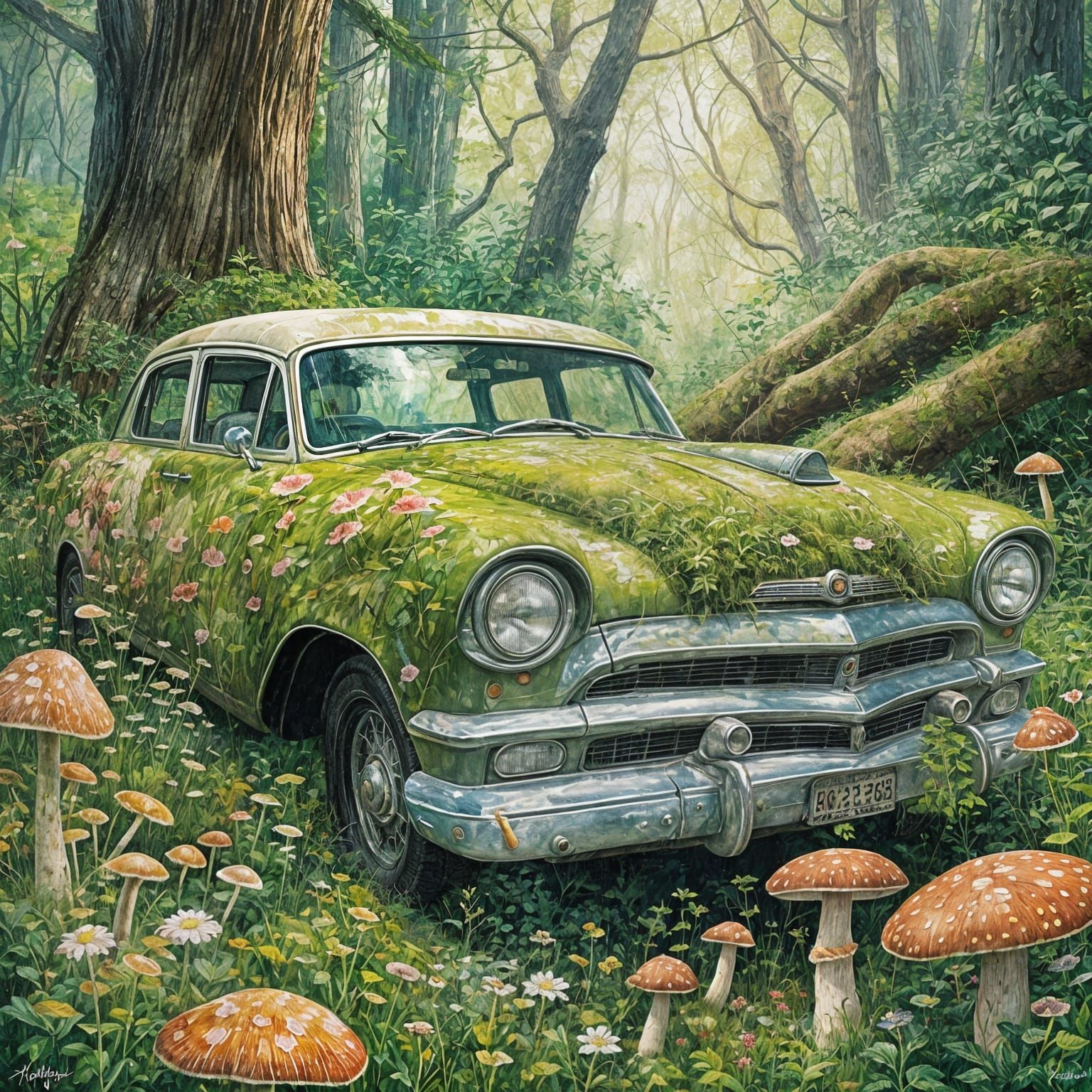Forest Spirits Discover Car, Gouache and Watercolor Style