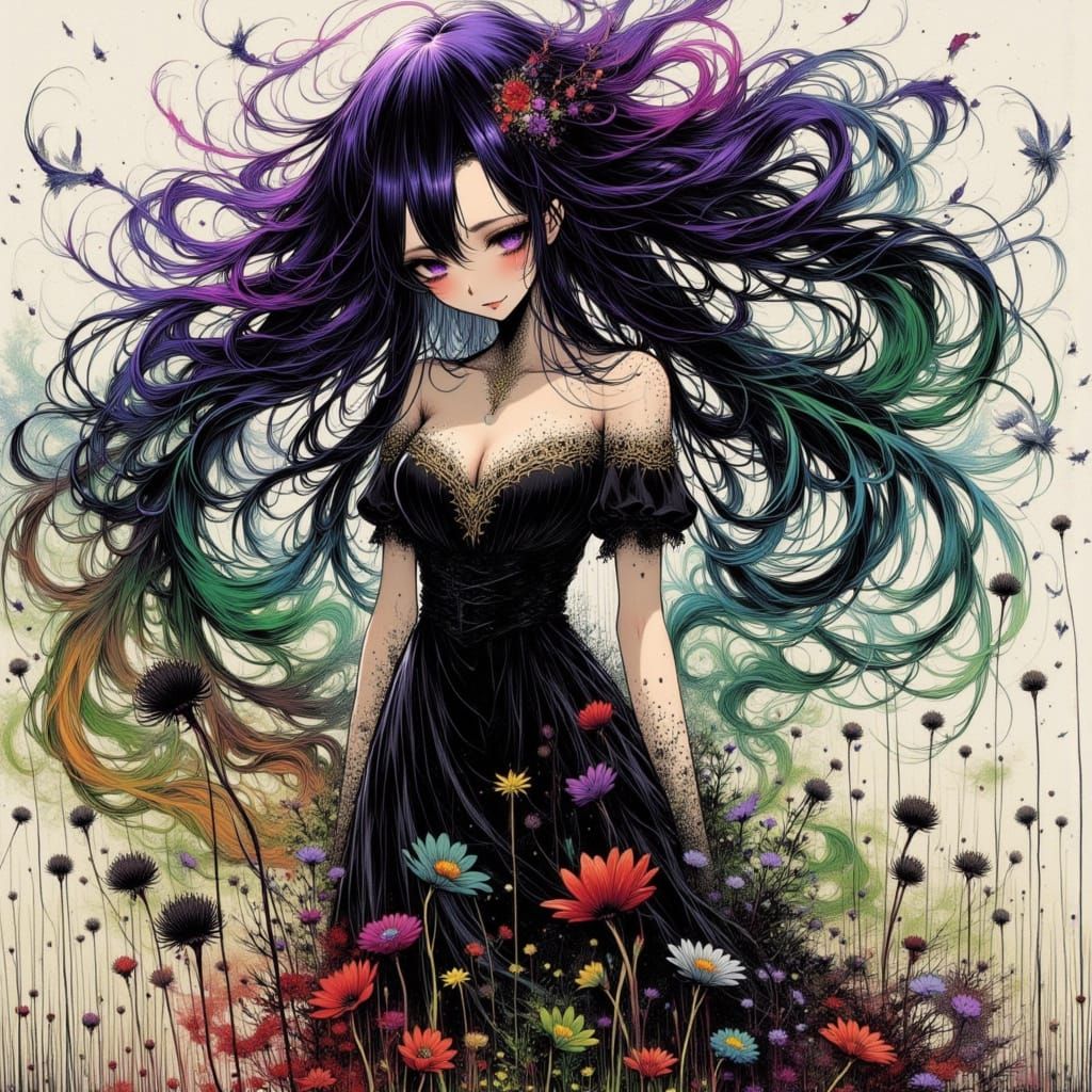 80s Anime Bio-Mecha Woman in Vanta Black and Gold