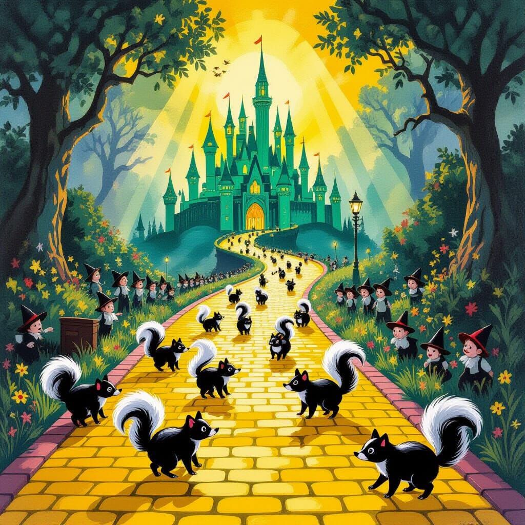 Skunk Invasion on Wizard of Oz Set in Gouache Style