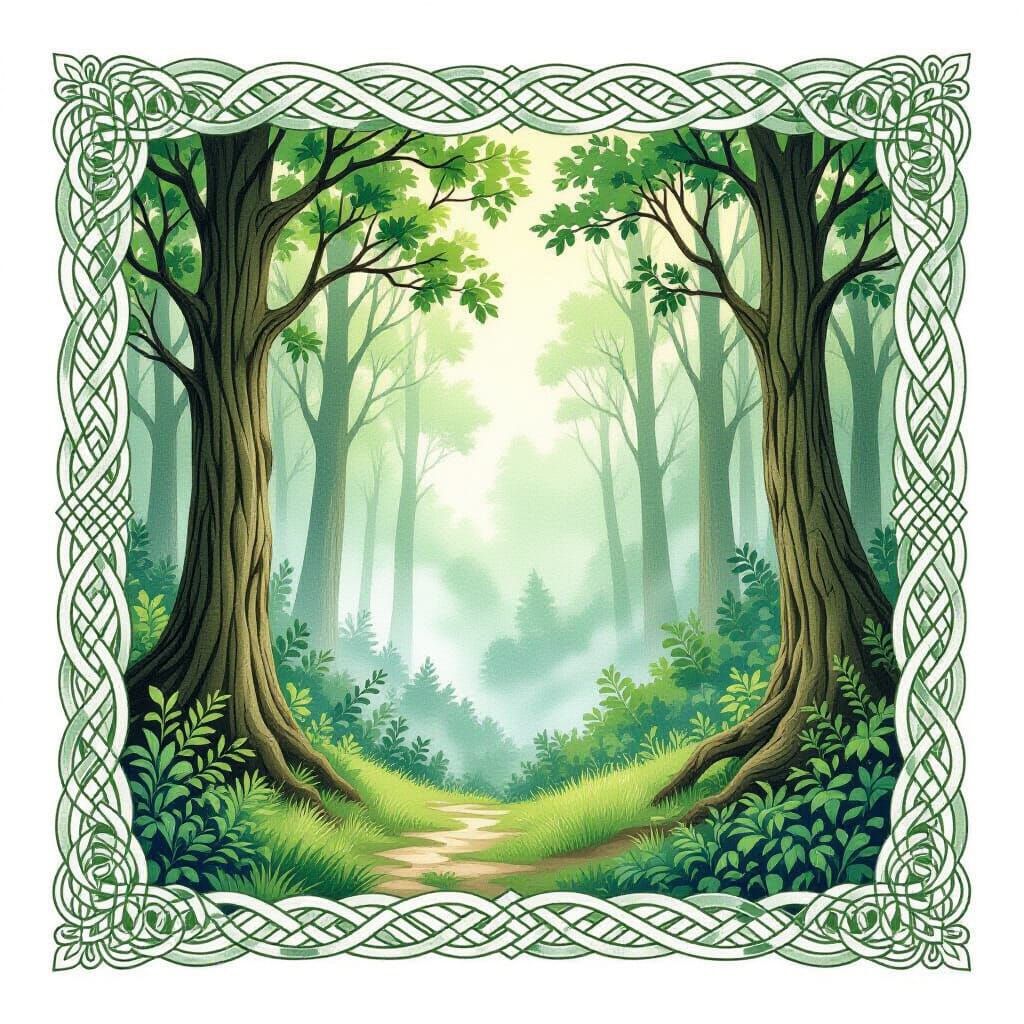 Celtic Knotwork Forest Scene in Watercolor Style
