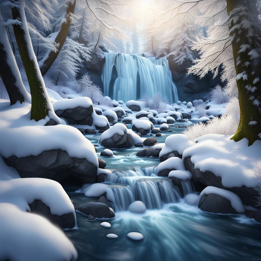 Frozen Waterfall in Winter Forest 3D Rendering