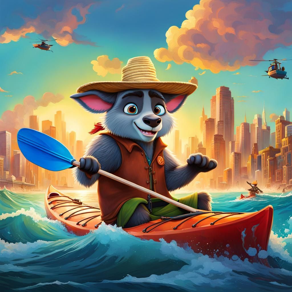 Cartoon Yak Kayaking: Graffiti Splash Art Style