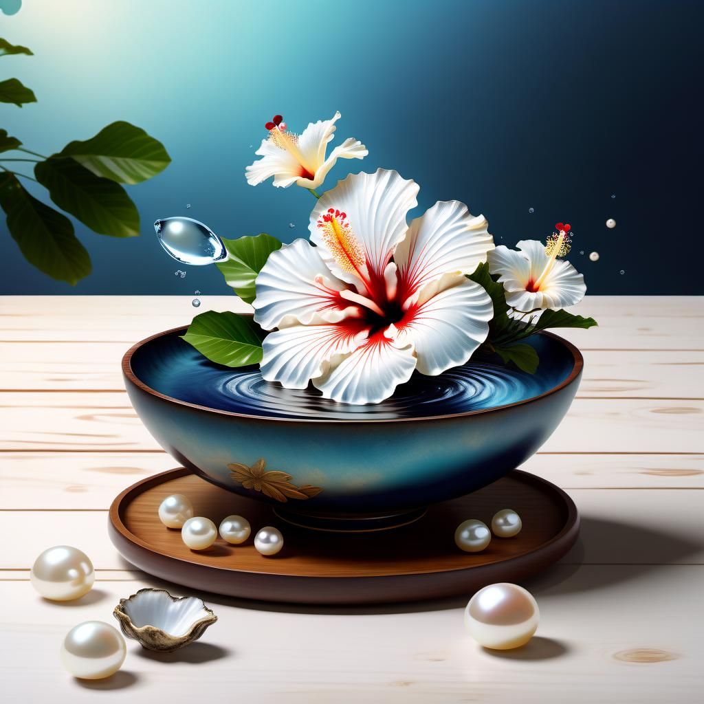 White Hibiscus and Pearl in Detailed Matte Painting