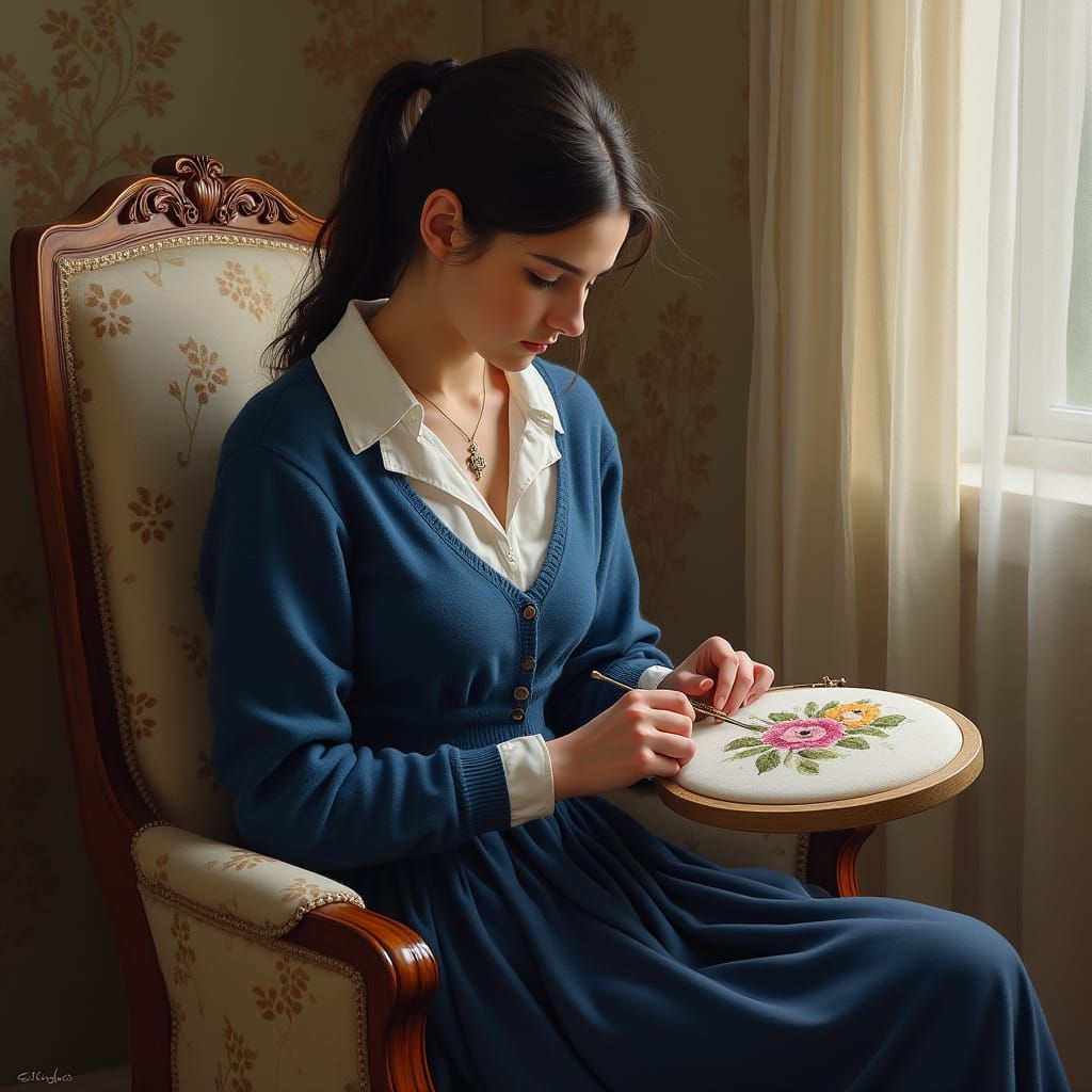 Hyperrealistic Portrait of Nancy Practicing Needlepoint