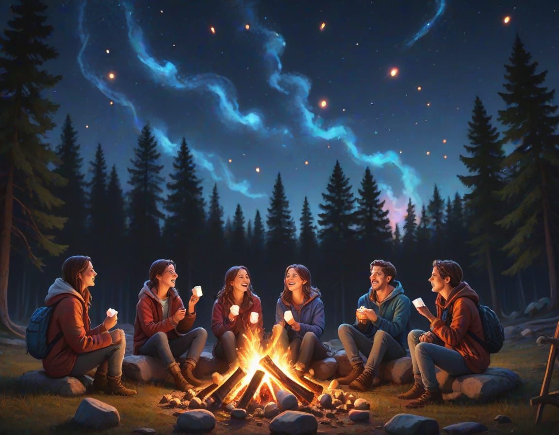 Friends Around Campfire Under Starry Night Sky