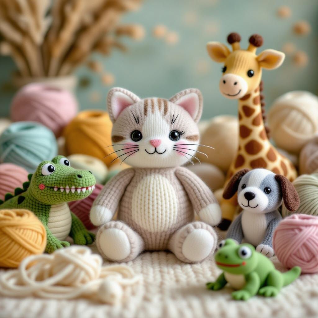 Handcrafted Woolen Cat and Yarn Animals in Soft Illustration