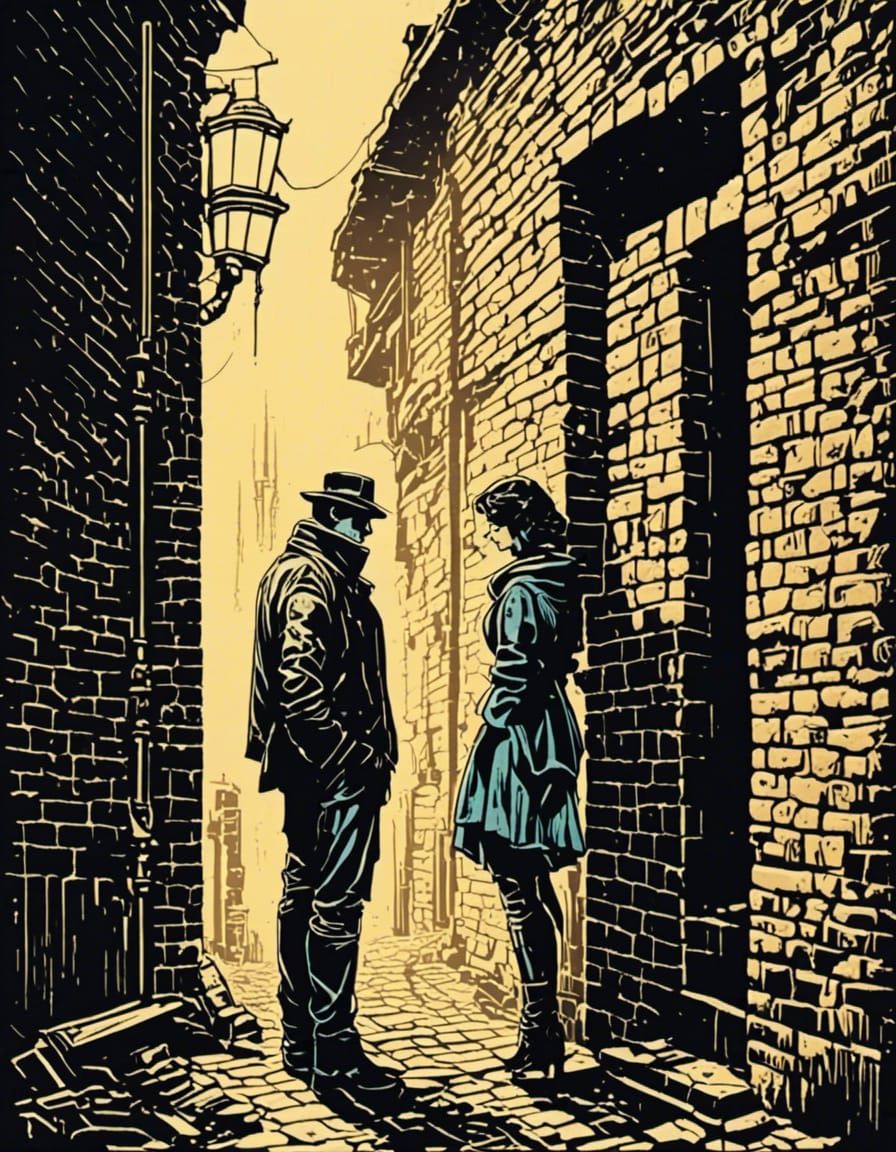 Couple Embracing: Vivid Linocut Print Against Brick Wall