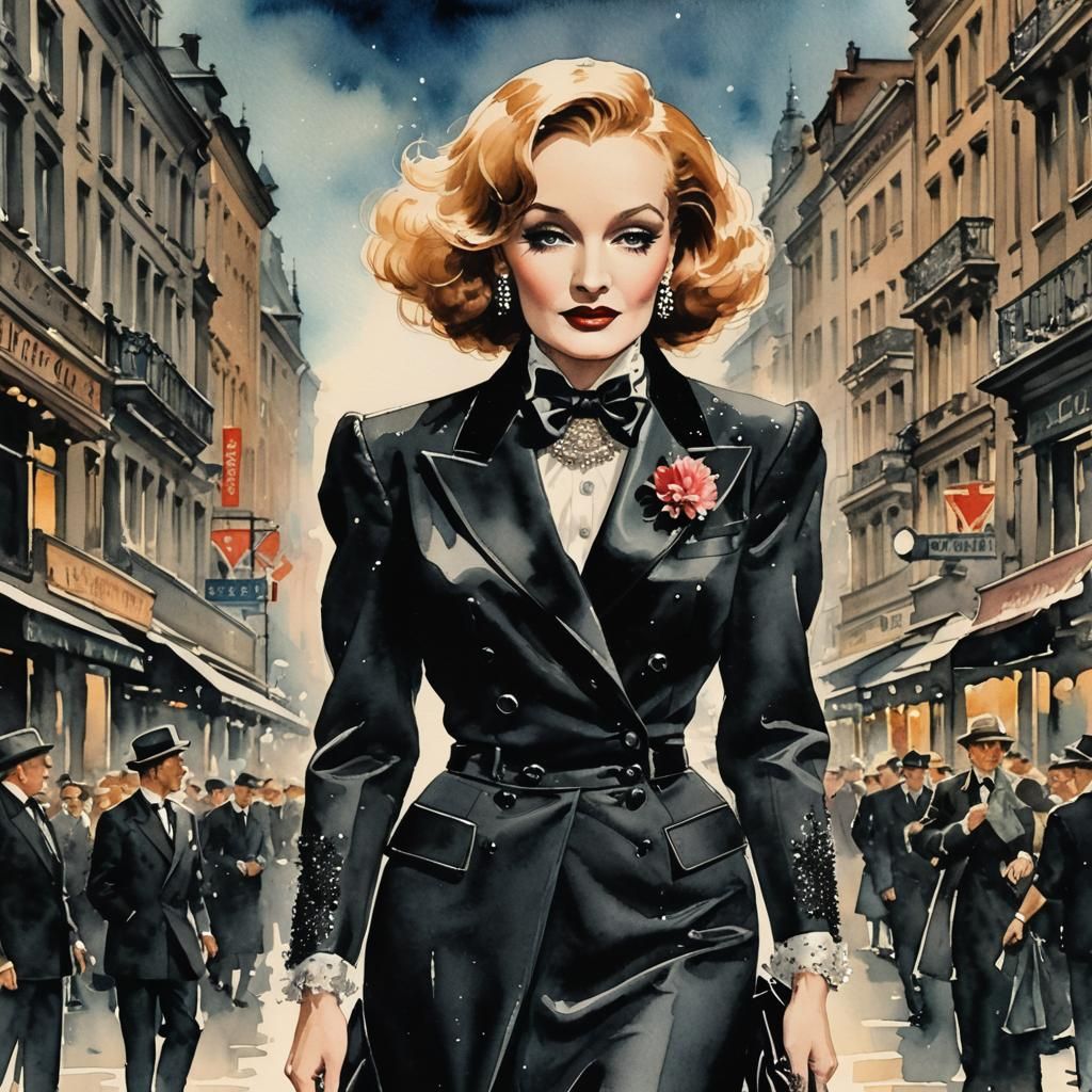 Marlene Dietrich in Watercolor, Vintage 1950s Berlin