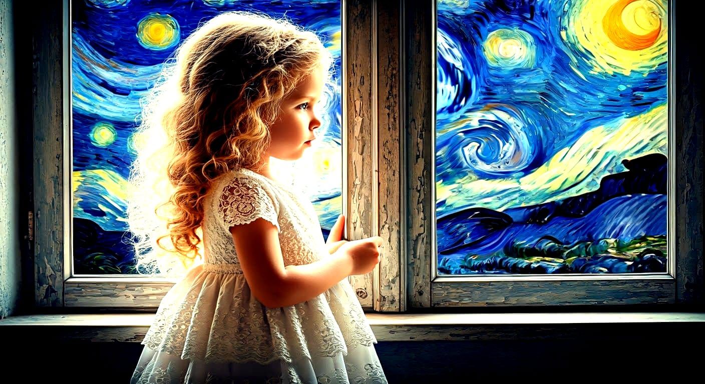 Ethereal Little Angel by the Window in a Vibrant Post-Impres...