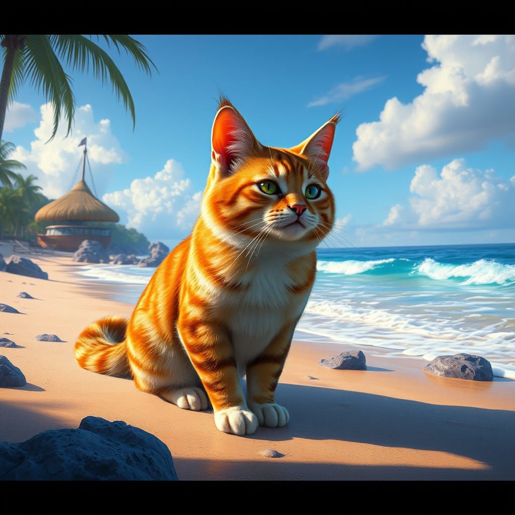 Surreal Beach Cat in Vibrant Fantasy Landscapes