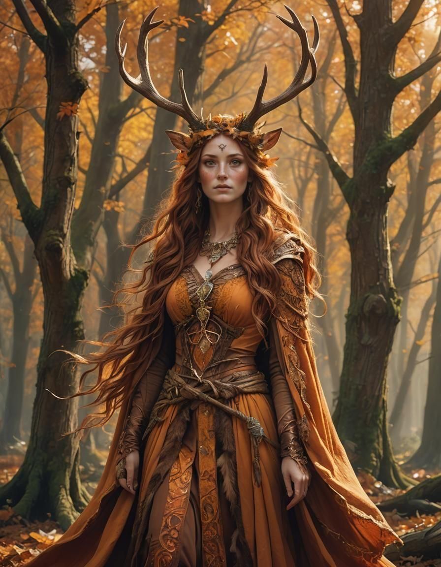 Ethereal Autumn Druid with Antler Crown