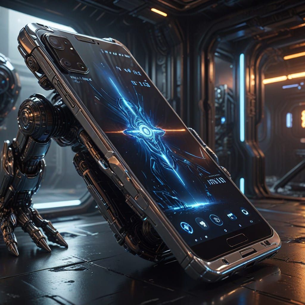 Sleek Silver Smartphone Dials Itself in Futuristic Scene