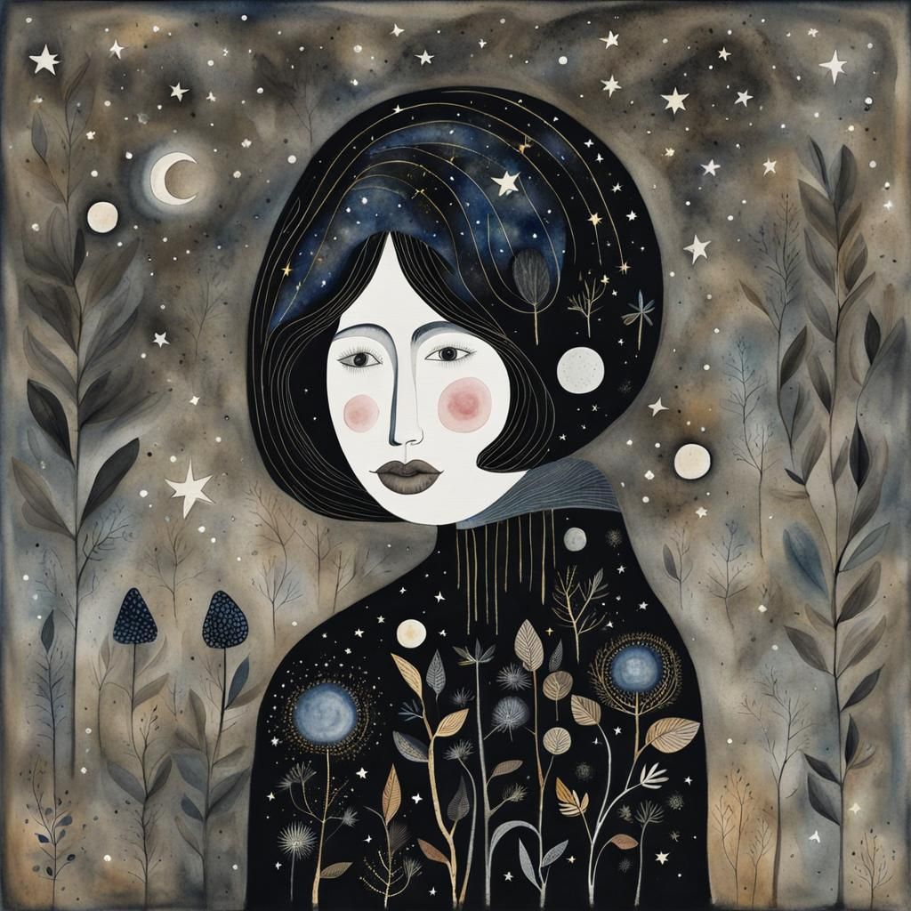 Mystical Forest Under Starry Sky in Watercolor Art Brut