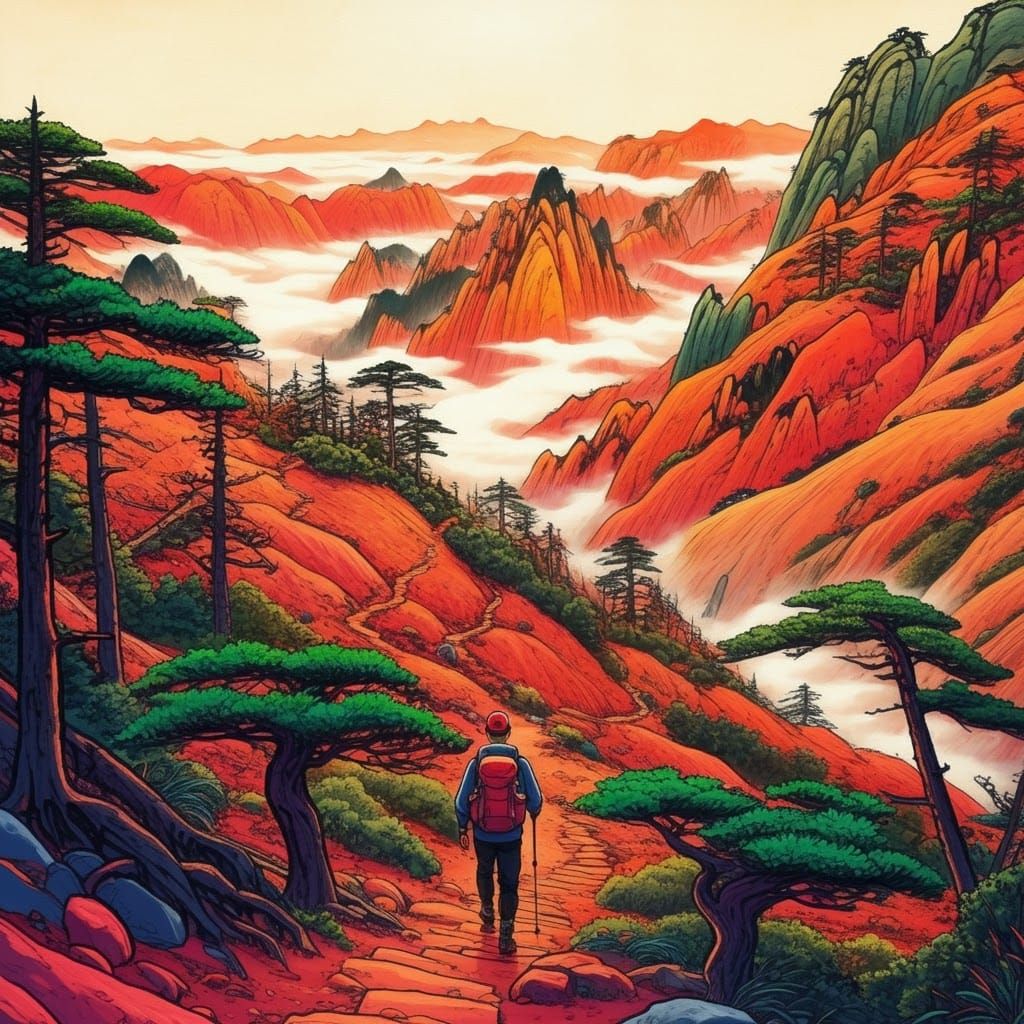 Danxia Mountain Ascent in Chinese Painting Style