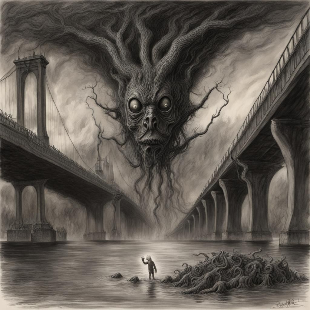 Sinister Creature Under Bridge: Surreal Charcoal Drawing