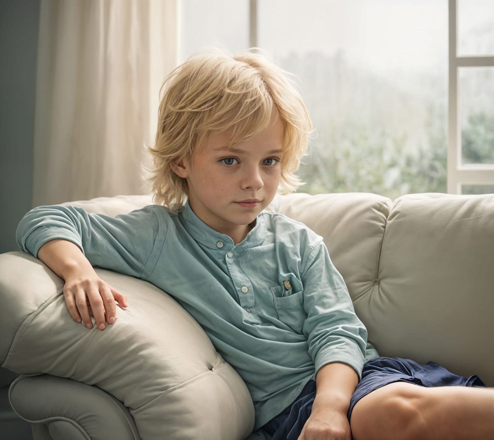 Cute Blond Boy Relaxing on Sofa
