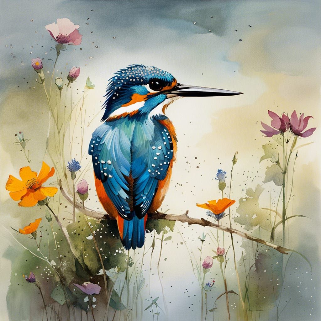 Kingfisher with Wildflowers and Butterflies in Morning Light