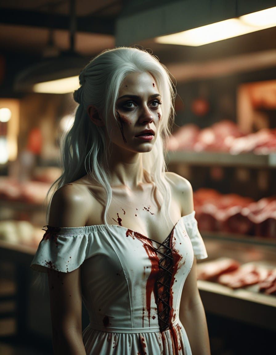 Cinematic Zombie Woman in Butcher Shop