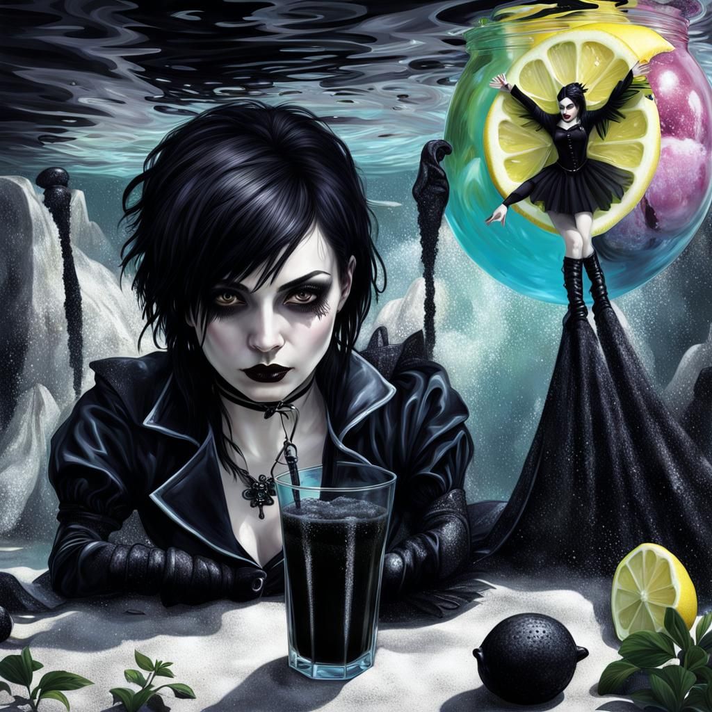 Goth Woman's Refreshing Swim in Lemonade
