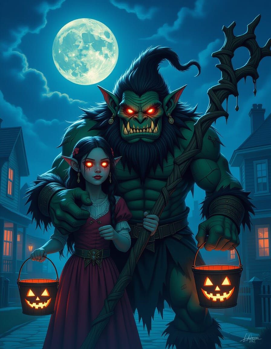 Gritty Teen Troll with Glowing Eyes in Moonlit Neighborhood