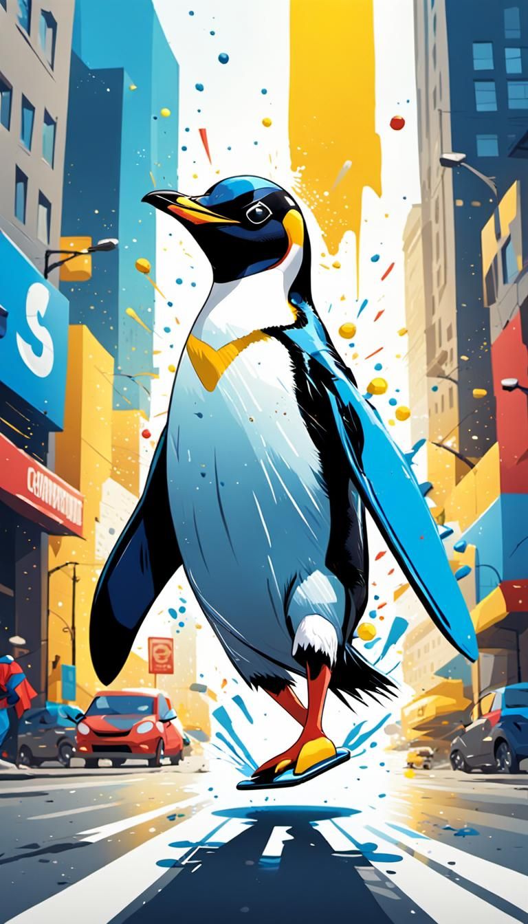 Penguin Superhero on Pogo-Stick in Comic Style