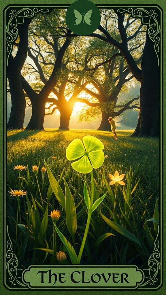 Create a Lenormand card featuring "The Clover" in an oil painting style. Depict a close-up of a lush meadow with a glowi...