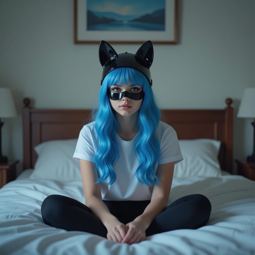 Girl with Blue Hair and Dog Mask in Dark Room