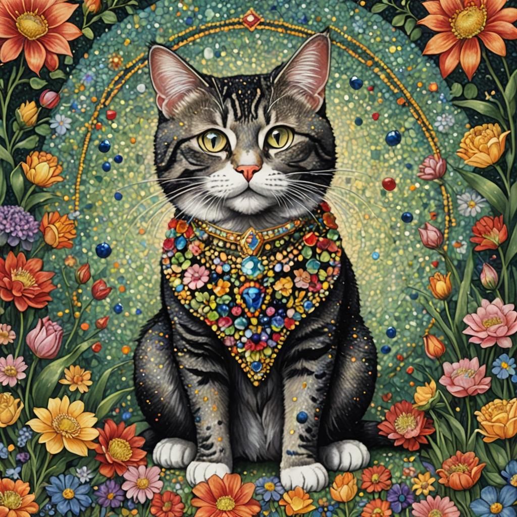 Cat in Jeweled Outfit with Flowers: Pointillism