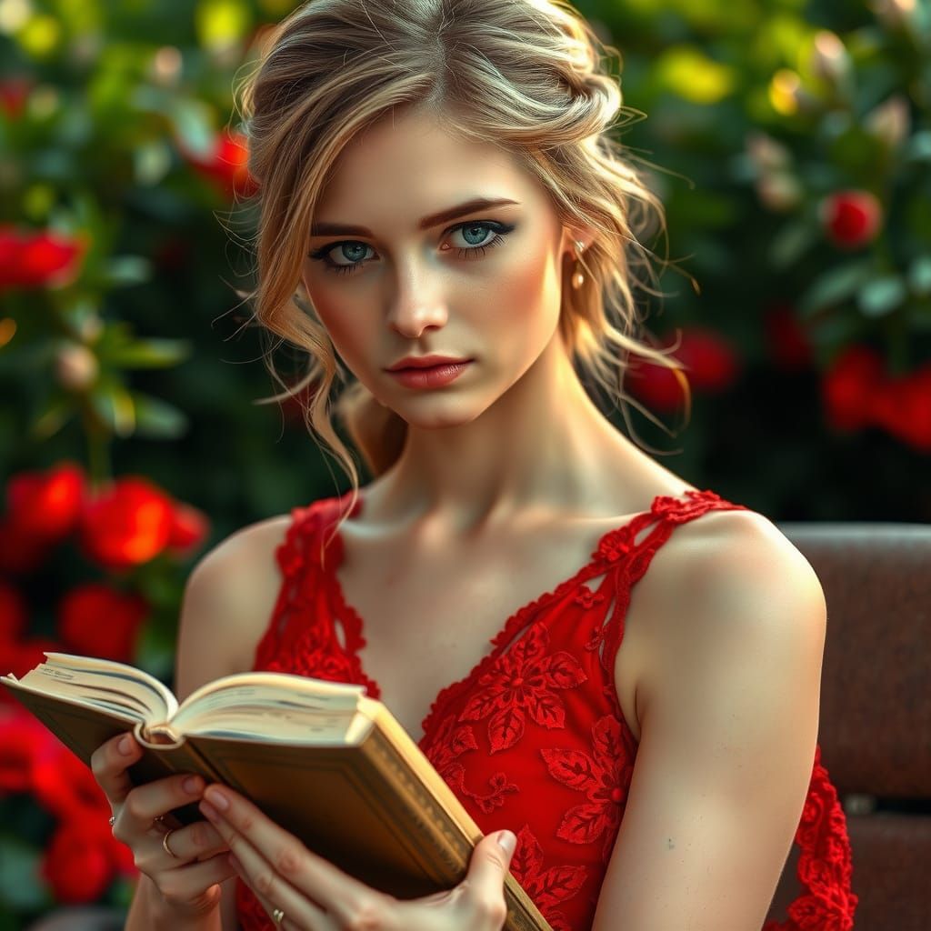Elegant Woman in Red Dress Reading a Book