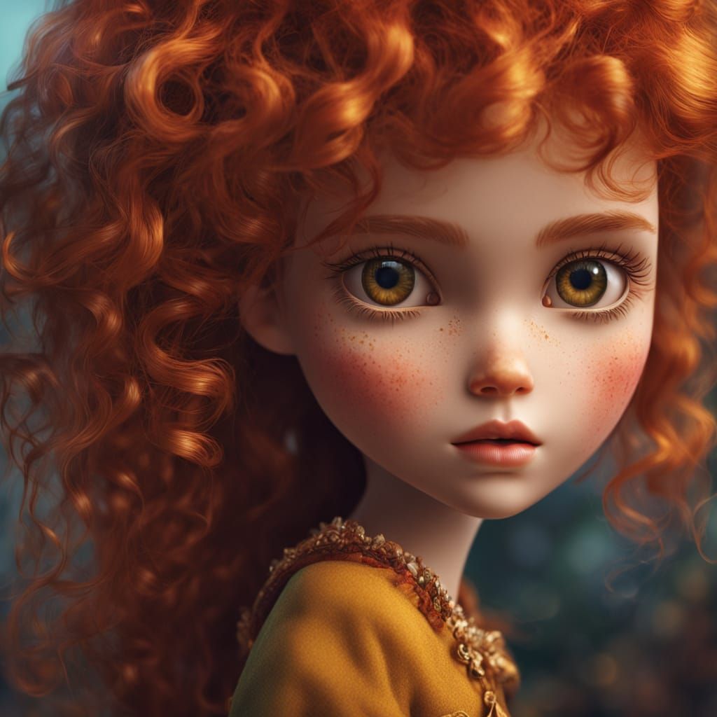 Detailed Close-Up of Red-Haired Blythe Doll as Oil Painting