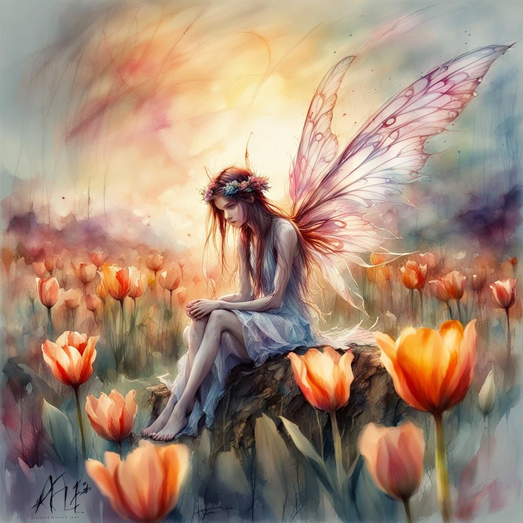 Fairy on Tulip in Digital Watercolor Art