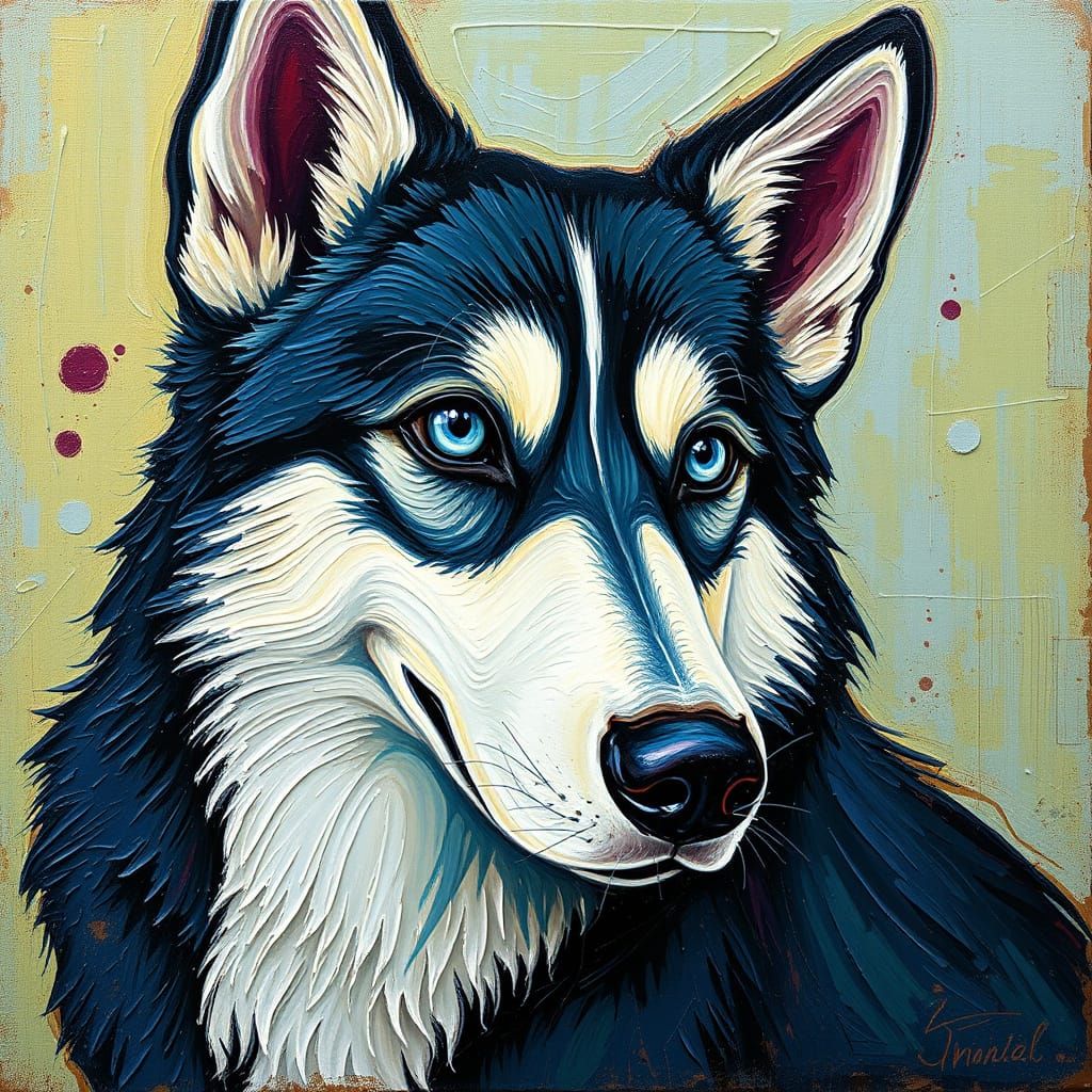 Magical Blue-Eyed Husky in Primitivism Impasto Style