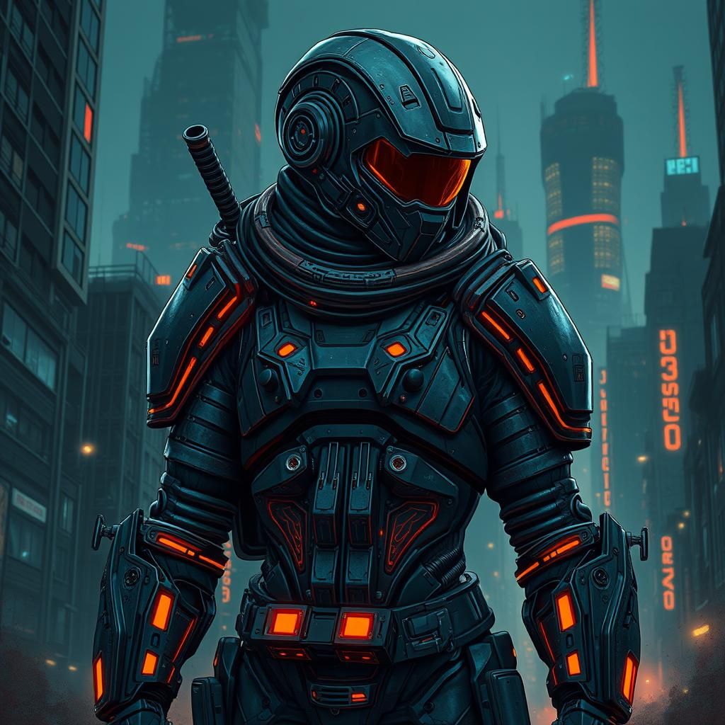 Cyberpunk Character in Metallic Armor Against Cityscape
