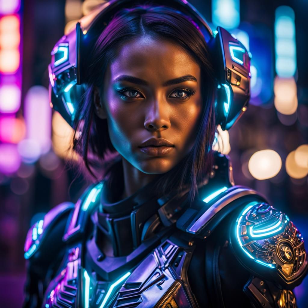 Cyborg Girl in Neon City Portrait