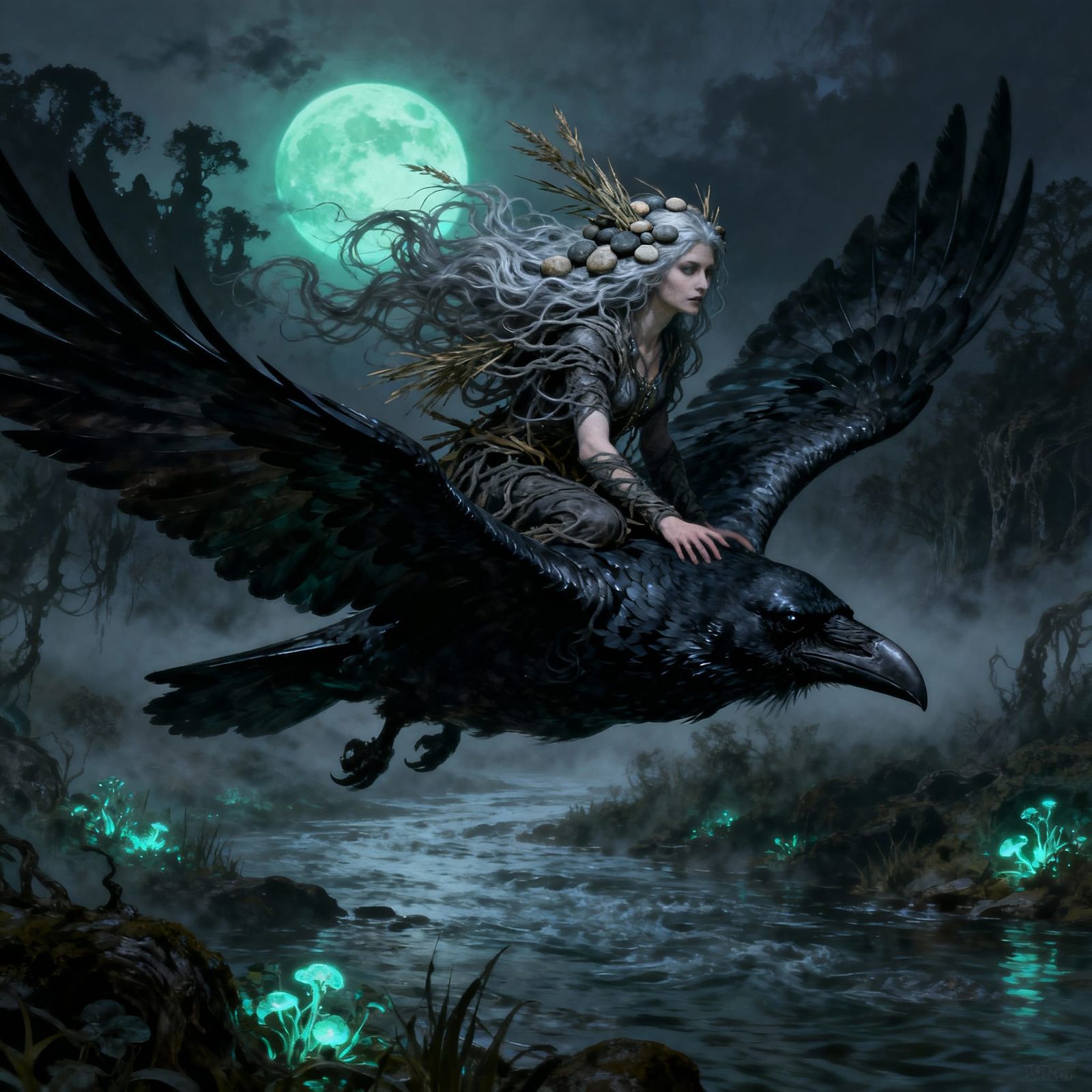 River Witch Rides Giant Raven in Dark Fantasy Art