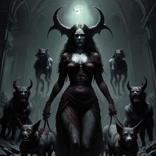 Demon Woman and Dogs in Horror Style