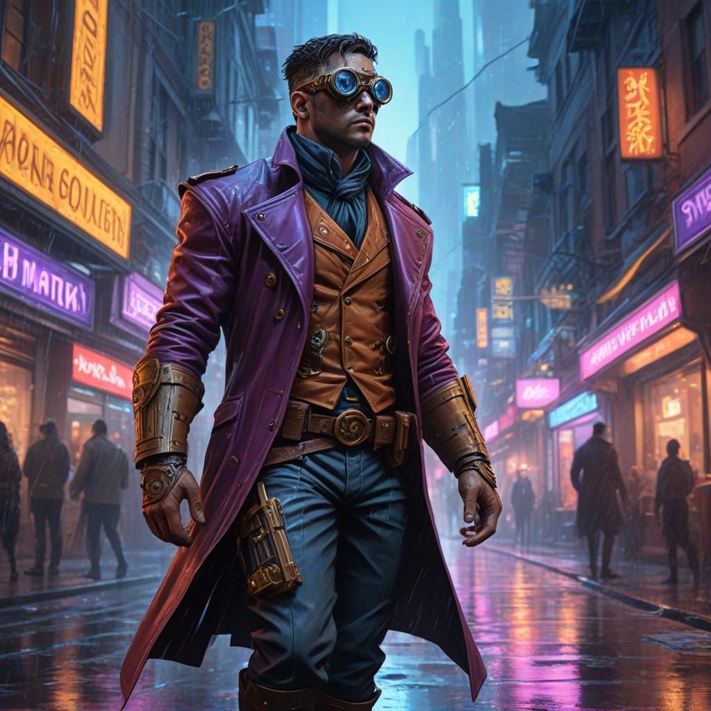 Steampunk Cyberpunk Man in Digital Rain