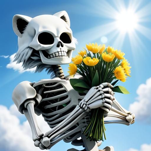 Skeleton Felix the Cat with Spring Flowers
